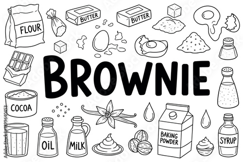 Brownie ingredients illustration: flour, butter, cocoa, baking powder, eggs