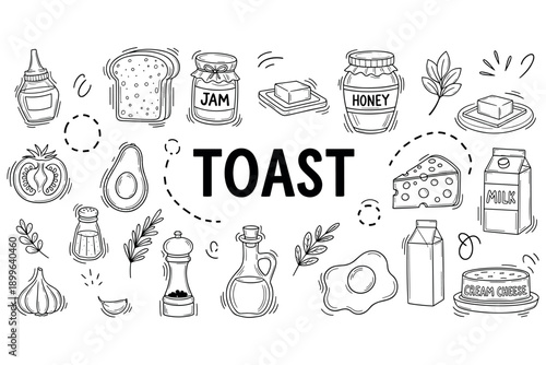 Assorted toast ingredients with jam, honey, cheese, milk, and more