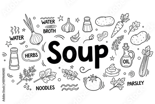 Hand-drawn soup elements: vegetables, spices, and ingredients illustration