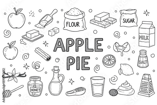 Apple pie ingredients and baking symbols in black and white illustration