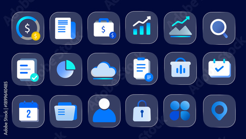 Finance glassmorphism icon set. Containing loan, cash, saving, financial goal, profit, budget, mutual fund, earning money and revenue icons. Solid icons collection.