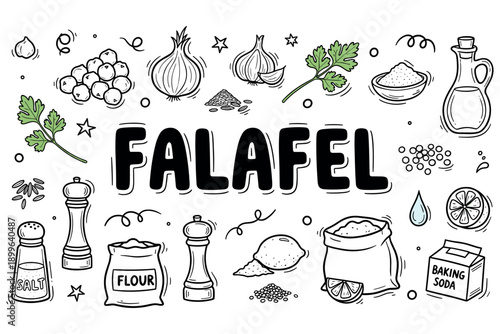 Falafel ingredients: illustrated guide with spices, vegetables, and kitchen essentials