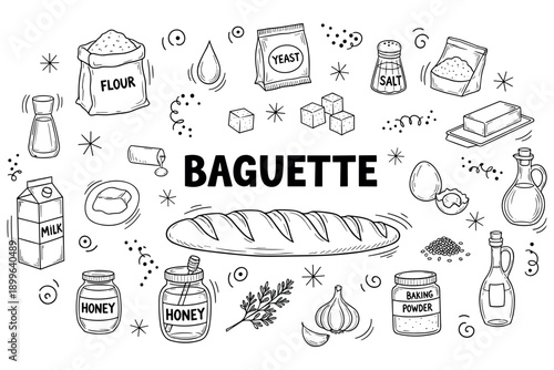 Baguette ingredients and baking essentials in black and white illustration