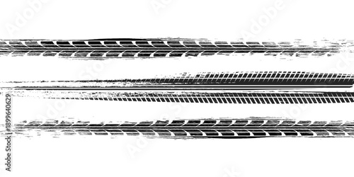 Tire track. Car, bike, motorcycle tyre mark with grunge effect isolated on white background. Wheel footprint on the road. Top view of rubber protector mark