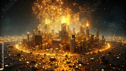 Glittering explosions of golden sparkle ignite a grunge cityscape at dusk