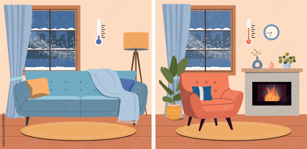 Fototapeta premium Cold and Warm Living Room Interior Comparison, Home Heating and Comfort Concept. Flat style cartoon vector illustration.