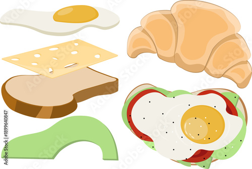 Versatile breakfast clip art collection. Golden croissant, sunny side up egg, slice of bread, Swiss cheese, avocado slice, and a fully assembled avocado toast garnished with a fried egg and tomato.