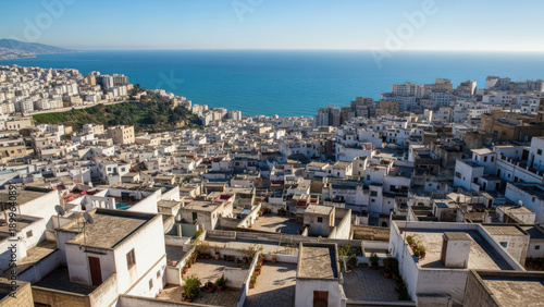 Scenic view of a coastal city with white buildings and blue sea.