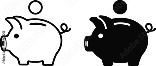 Two piggy banks, one white and one black, with coins on top