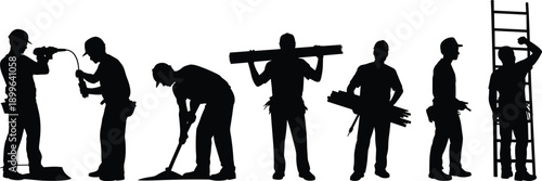 Black, silhouettes, of, construction, workers, and, industrial, contractors, using, power, tools, shovels, carrying, lumber, climbing, ladders, and, performing, manual, labor.
