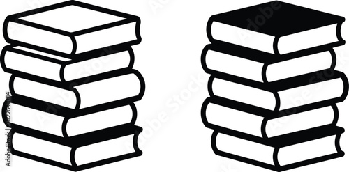 Two stacks of books with different colored covers and spines