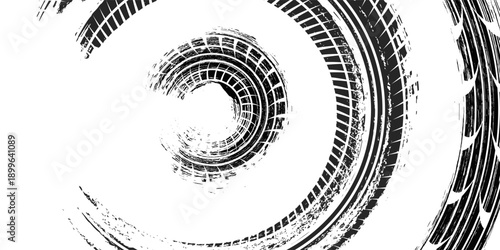 Tire track. Car, bike, motorcycle tyre mark with grunge effect isolated on white background. Wheel footprint on the road. Top view of rubber protector mark