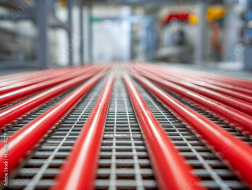 Wallpaper Mural Perspective view of multiple red industrial pipes laid out evenly on metal grating in a factory setting with blurred background equipment and machinery Torontodigital.ca