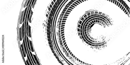 Tire track. Car, bike, motorcycle tyre mark with grunge effect isolated on white background. Wheel footprint on the road. Top view of rubber protector mark