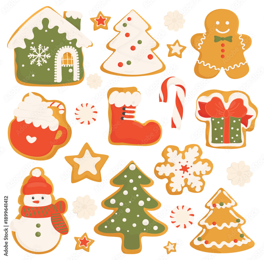 Fototapeta premium Set of cartoon Christmas Gingerbread cookies. Cute Christmas vector hand drawn illustration of holiday icons isolated on white background.