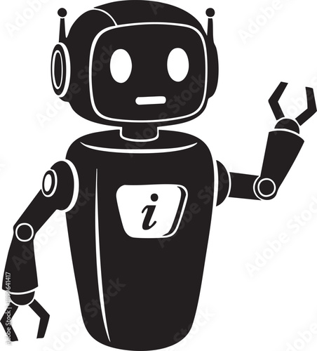 Friendly robot character with a gripper hand and info symbol, representing assistance or information services, isolated on white background.