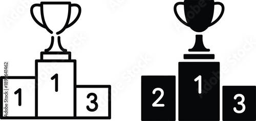 Two podiums with trophies and numbered placements in black and white