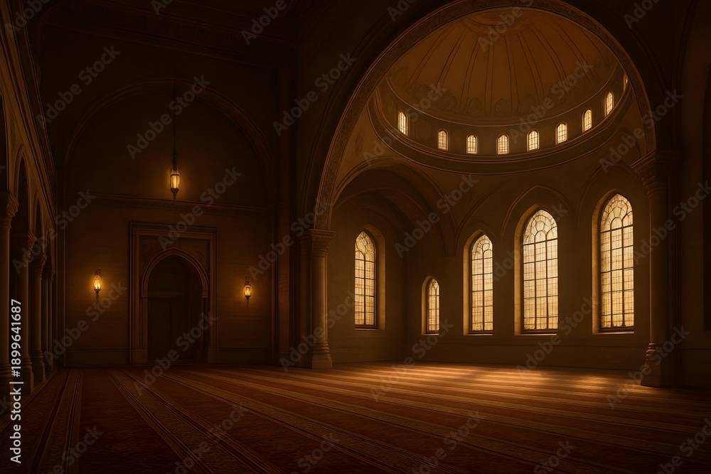 Fototapeta premium A serene and peaceful interior of a large, empty mosque with arched windows and a domed ceiling