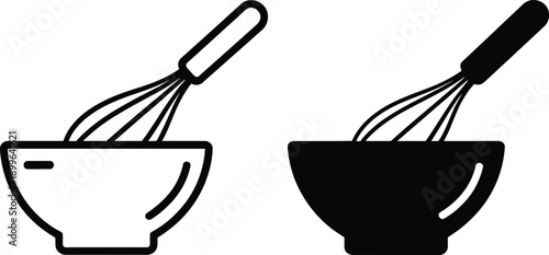 Two bowls with whisks in them, one white and one black.