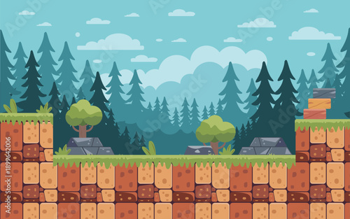 2D platformer game level, vector, all elements separate