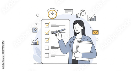 Businesswoman analyzing data on a checklist with graphs and charts around her