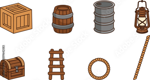 Game asset set, 2D, vector, barrel, ladder, lantern, crate