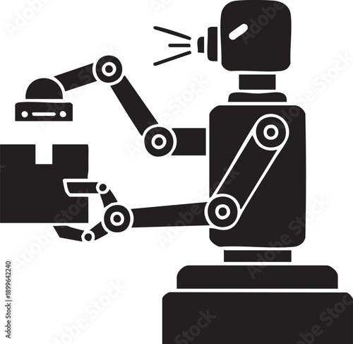 Robotic arm picking up a box, automation in logistics, isolated on white background.