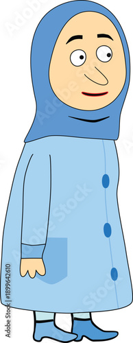 Muslim woman in blue hijab and long dress standing calmly smiling gentle expression modest clothing cartoon style isolated on white suitable for culture diversity islamic representation family