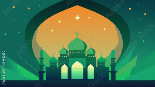 Vibrant minimalist mosque illustration with night sky