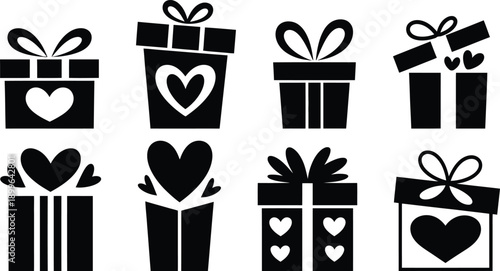 Collection of nine black and white gift box illustrations with heart designs