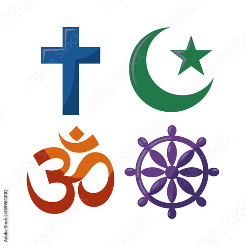 Religious Symbols Icon Set. Christian Cross, Islamic Crescent, Hindu Om, Buddhist Wheel. Colorful Religious Emblems for Faith-Based and Cultural Design Projects.