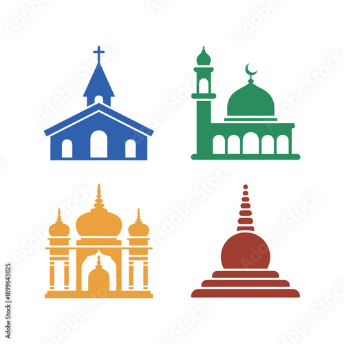 Religious Landmarks Icon Set. Church, Mosque, Temple, Stupa. Religious Architecture in Vibrant Colors for Cultural and Faith-Based Design Projects.