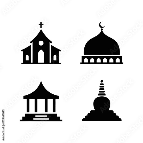 Sacred Landmark Silhouettes Icon Set. Church, Mosque, Stupa, and Pavilion. Black and White Icons for Religious, Spiritual, and Cultural Designs.
