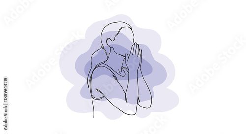 Continuous line drawing of a woman covering her face with her hands, minimalist one-line art, purple watercolor background, vector illustration for poster or social media