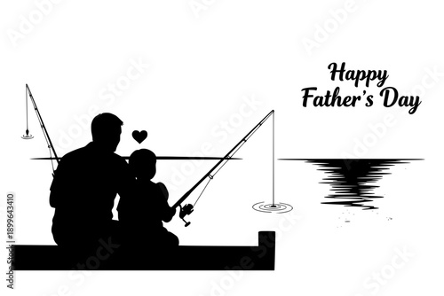 Father and Son Fishing on Dock Silhouette. Heartfelt Connection for Father’s Day. Family Bonding and Childhood Memories Vector Illustration.