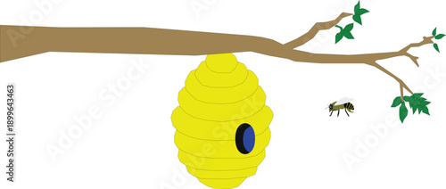 Yellow beehive hanging from tree branch green leaves small bee flying cartoon nature scene isolated on white ideal for honey bee insect wildlife pollination vector illustration clipart designs.