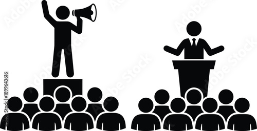 Two speakers addressing separate groups of people in a public setting