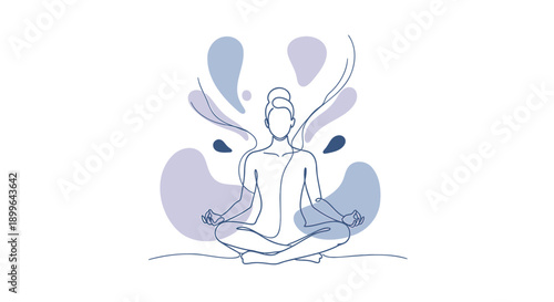 Meditating woman in lotus position with abstract purple and blue swirls, yoga or mindfulness illustration for website, banner or presentation