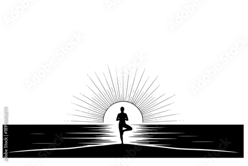 Summer Solstice Silhouette. Person Practicing Yoga at Sunrise Over Ocean. Nature Wellness and Midsummer Celebration Vector Illustration.