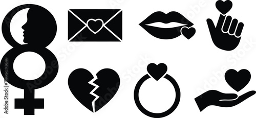 A collection of symbols representing love, relationships, and communication.