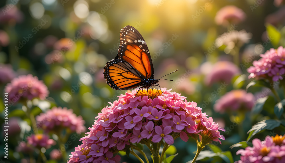 Obraz premium A vibrant monarch butterfly with striking orange and black wings gracefully perches on a cluster...