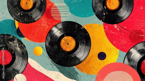Vintage vinyl records on colorful abstract background.