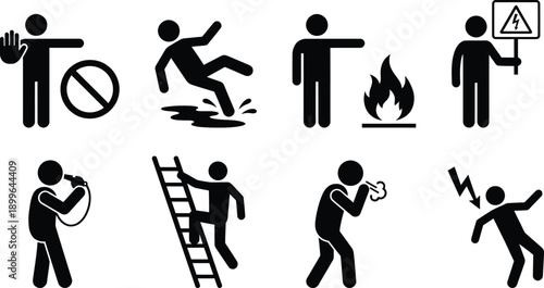 A collection of safety warning signs and icons depicting various hazards and precautions