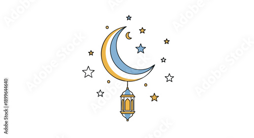 Ramadan Kareem greeting with a crescent moon, stars, and lantern on a clean white background, conveying a peaceful and celebratory mood with a flat design style.