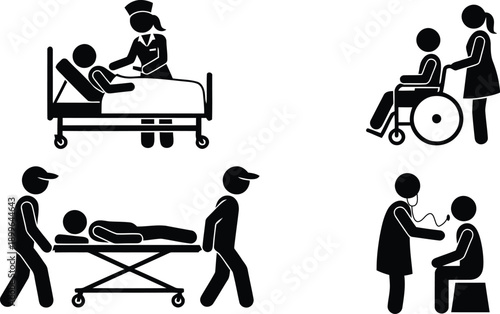 Medical professionals attending to patients in various healthcare settings.