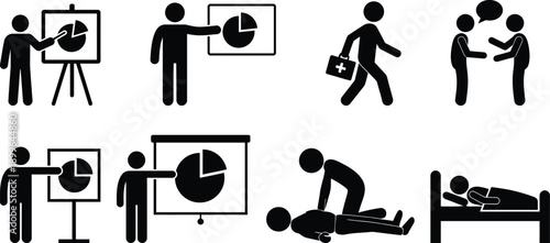 Diverse activities depicted through simple black and white stick figure illustrations