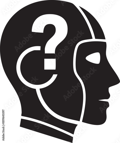 Human head silhouette with a question mark, symbolizing doubt, mystery, and the unknown in AI or human intelligence, isolated on white background.