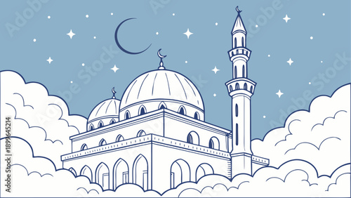 Mosque illustration with minaret and crescent moon