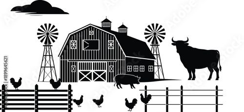 Farm barn and livestock silhouettes with windmills, fence, chickens and cattle as black rural agriculture landscape illustration set