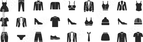 Black clothing icons set, fashion apparel silhouettes collection, men and women outfits, shirts, shoes, dresses, jackets, accessories, isolated vector symbols